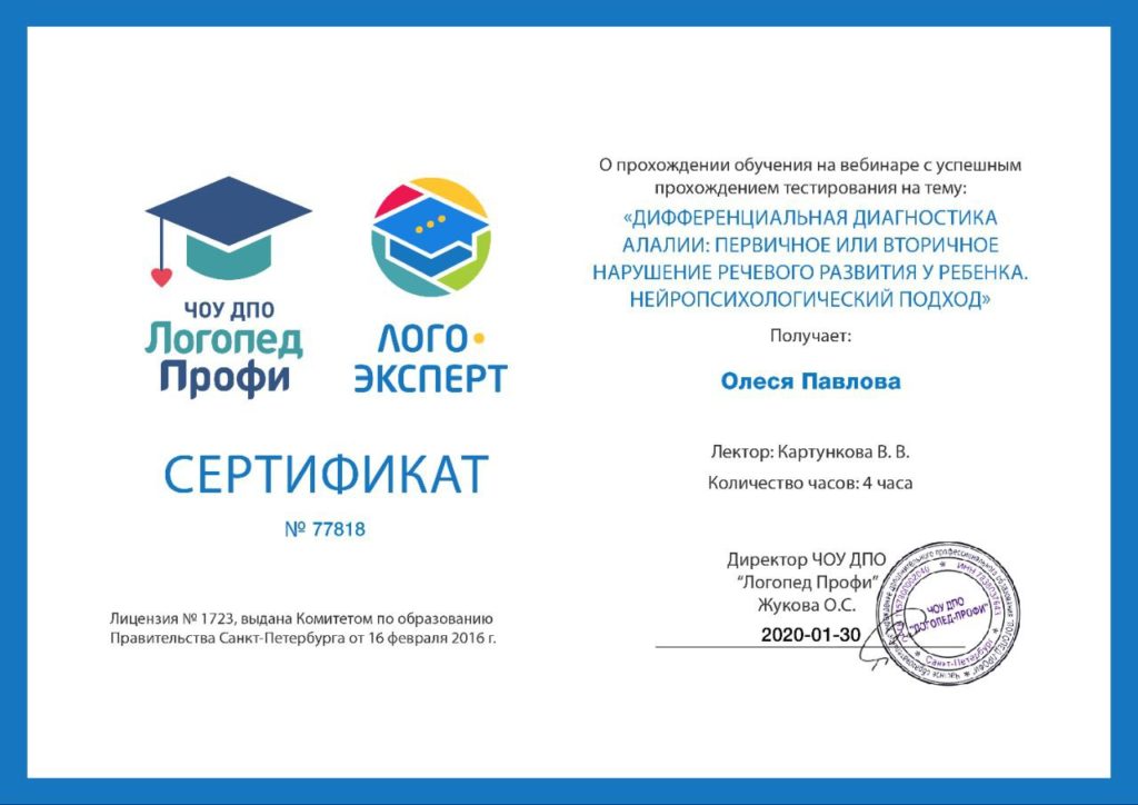 сертификат: алаллия нейропсихологический подход