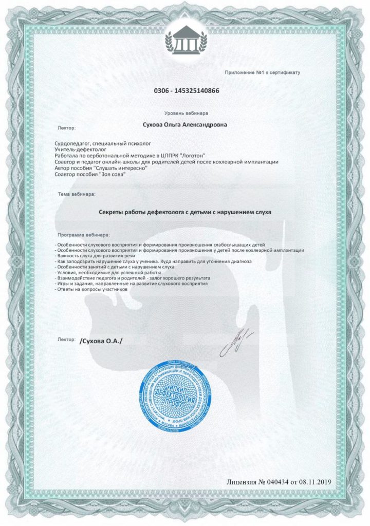 Приложение к сертификату №1